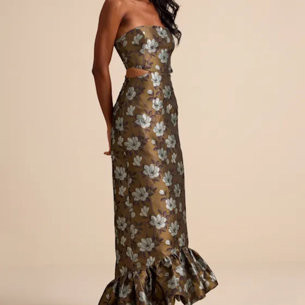 Lulu's Olive Green Strapless Floral Brocade Mermaid Dress